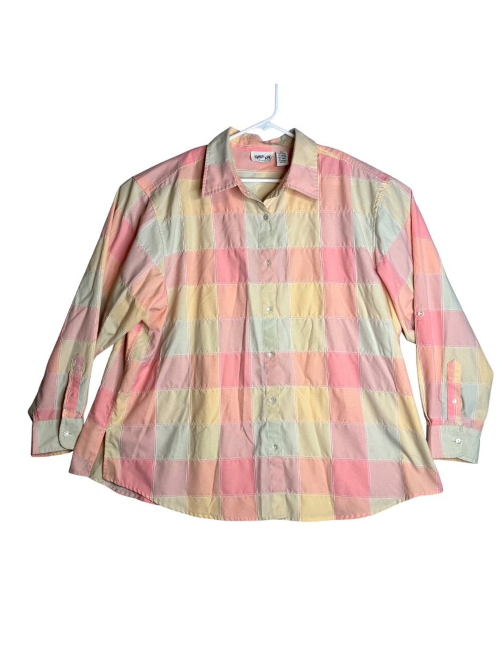 Krazy Kat Womens 3X Pastel Plaid Button Up Blouse Long Sleeve Light Polyester⁠